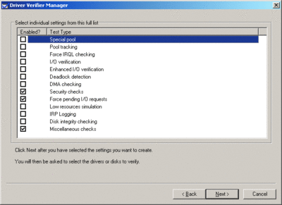 図 3 Windows Server 2008 で導入されたオプションがオンになった状態のドライバの検証ツール