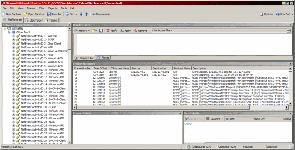 ETL ファイルに記録されたネットワーク トラフィックを Network Monitor 3.3 で表示した状態