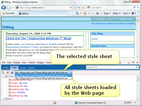 CSS ツールに、Web ページで使用されるすべてのスタイル シートで定義されたルールが表示されている図