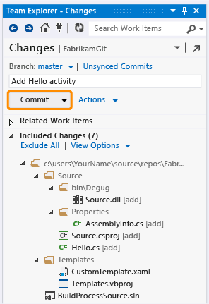 Commit button on the Changes page