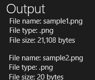 ファイル処理サンプルでのファイルのプロパティ取得を示すスクリーン ショット。