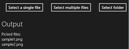 ファイル処理サンプルでのファイル ピッカーとフォルダー ピッカーの使用を示すスクリーン ショット。