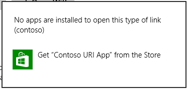 contoso URI の起動のための [プログラムから開く] ダイアログ。コンピューターには contoso に対応するハンドラーがインストールされていないため、このダイアログには、ストア アイコンとストア上の適切なハンドラーをユーザーに通知するテキストを含むオプションが表示されます。このダイアログには、[その他のオプション] リンクもあります。