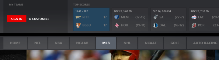 現在のゲーム スコアとナビゲーション コントロールを表示した ESPN アプリの上部のアプリ バー