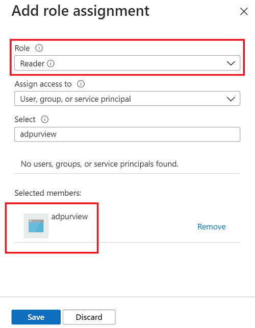 Microsoft Purview アカウントのアクセス許可を割り当てる詳細を示すスクリーンショット。