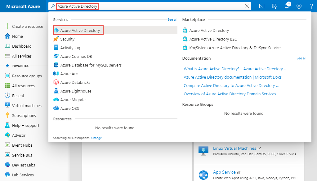 Azure Active Directory を検索して選択する