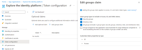 選択したグループの種類 (アプリケーションに割り当てられたグループ) が表示された [Edit group claims]\(グループ クレームの編集\) 画面のスクリーンショット。