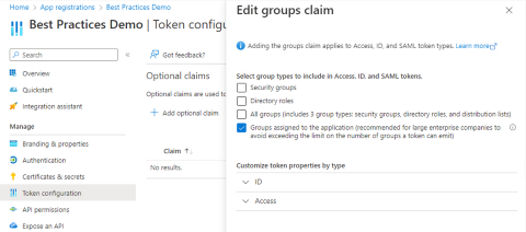 選択したグループの種類 (セキュリティ グループ、ディレクトリ ロール、およびすべてのグループ) が表示された [Edit group claims]\(グループ クレームの編集\) 画面のスクリーンショット。