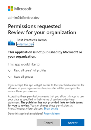 [キャンセル] ボタンと [承諾] ボタンがある、アプリが要求しているアクセス許可を説明する、組織が確認するための [要求されているアクセス許可] ダイアログのスクリーンショット。