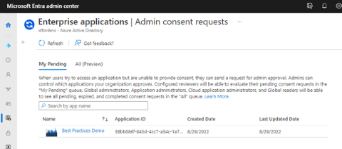 保留中の要求を構成する Microsoft Entra 管理センター [管理者の同意要求] のスクリーンショット。