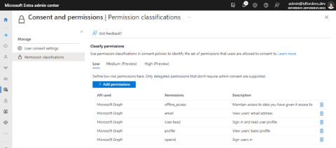 ユーザーの同意を許可するアクセス許可の分類を構成する Microsoft Entra 管理センターの [アクセス許可の分類] のスクリーンショット。