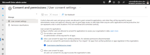 検証済みの発行元からのアプリの同意を構成する Microsoft Entra 管理センターの [ユーザーの同意設定] のスクリーンショット。