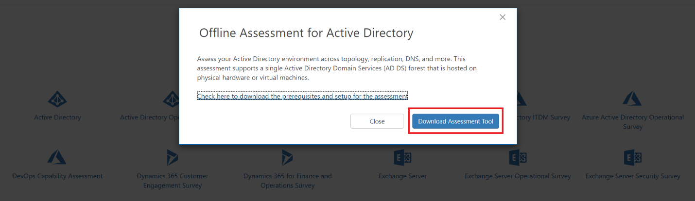 [評価ツールのダウンロード] ボタンを強調表示している [Active Directory のオフライン評価] ダイアログ ボックスのスクリーンショット。