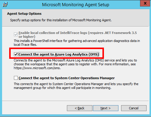 [エージェントを Azure Log Analytics OMS に接続する] オプションを選択していることを表示している [Microsoft Monitoring Agent のセットアップ] ウィンドウ。