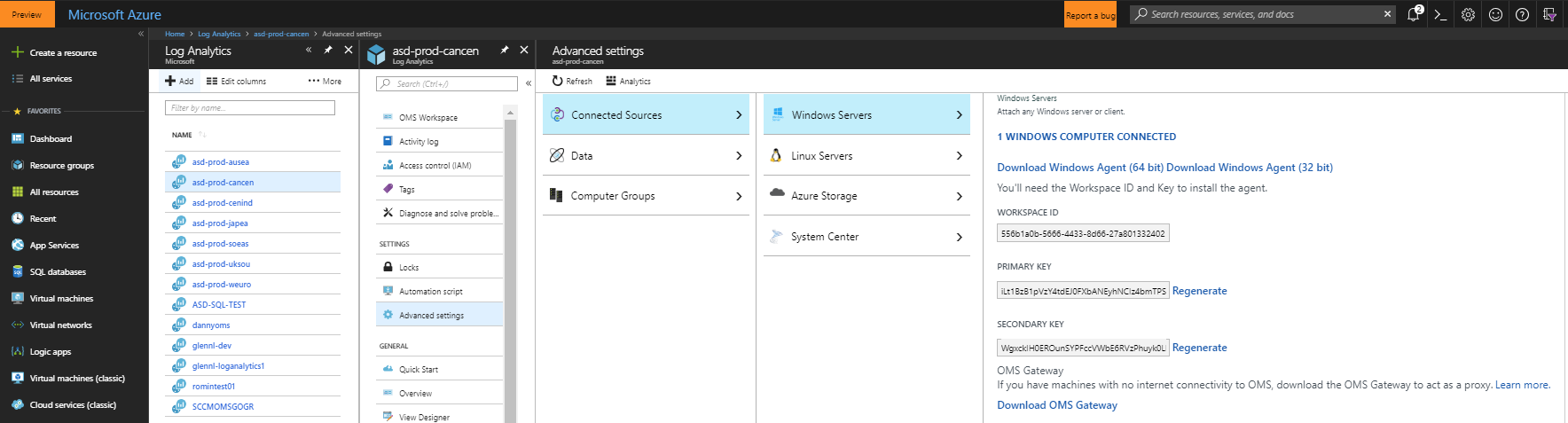 [接続されたソース] メニュー項目と [Windows Server] メニュー項目を選択していることを表示している Microsoft Azure ウィンドウ。