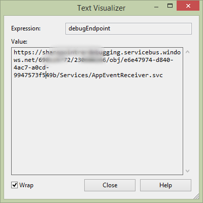 Azure Service Bus URL が表示されている Visual Studio テキスト ビジュアライザー。