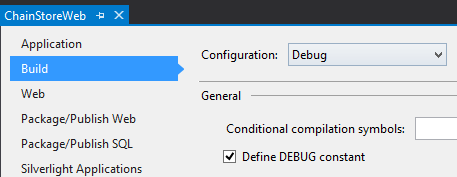 Visual Studio の [プロパティ] タブの [ビルド] サブタブ。[構成] ドロップダウンが [デバッグ] に設定されています。[デバッグ定数の定義] のチェック ボックスがオンになっています。