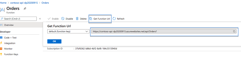 Function App ブレードのツールバーで強調表示された [関数の URL の取得] オプション