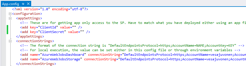 App.config ファイルの appSettings 要素の部分が Visual Studio で開かれています。Add という名前の 2 つの子要素が、appSettings 要素の下に示されています。最初の Add 要素には、属性 key=ClientId があり、その value 属性は 1 対の二重引用符と等号で結ばれています。2 番目の Add 要素には、属性 key=ClientSecret があり、その value 属性も 1 対の二重引用符と等号で結ばれています。