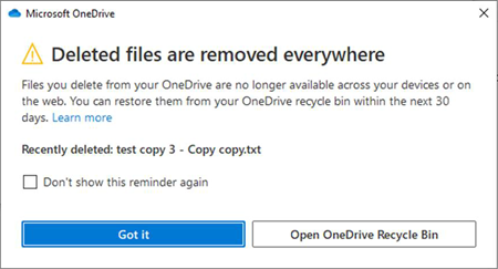 「削除されたファイルはすべての場所で削除されます」という警告メッセージ