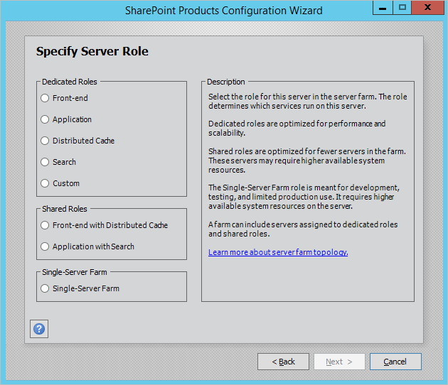 SharePoint Server 2016 で共有の役割を使用して PSConfig ダイアログを表示する
