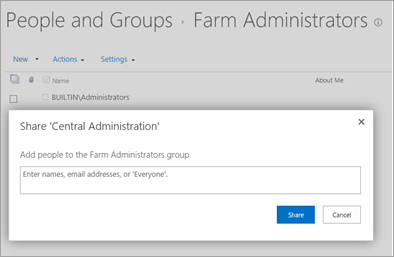 [People と Groups-Farm Administrators] ページのスクリーンショット。ファーム管理者グループにユーザーを追加します。