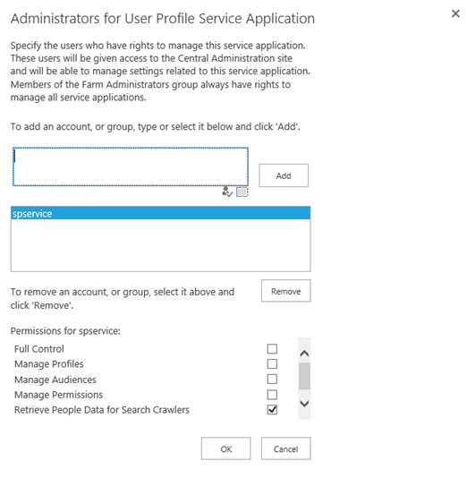 [Administrators for User Profile Service Application]\(ユーザー プロファイル サービス アプリケーションの管理者\) ページのスクリーンショット。