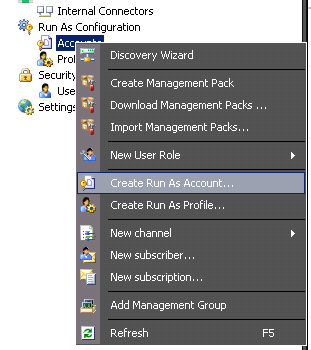 Screenshot showing the Create Run As Account option.