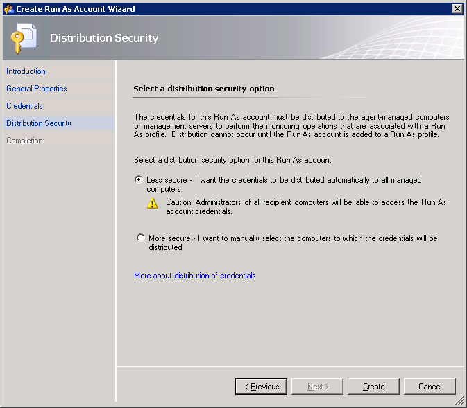 Screenshot showing the Distribution Security page of the Create Run As Account Wizard.