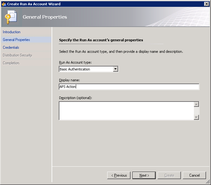 Screenshot showing the General Properties page of the Create Run As Account Wizard with Basic Authentication selected from the Run As Account type dropdown.