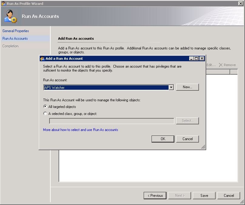 Screenshot showing the Add a Run As Account dialog box.
