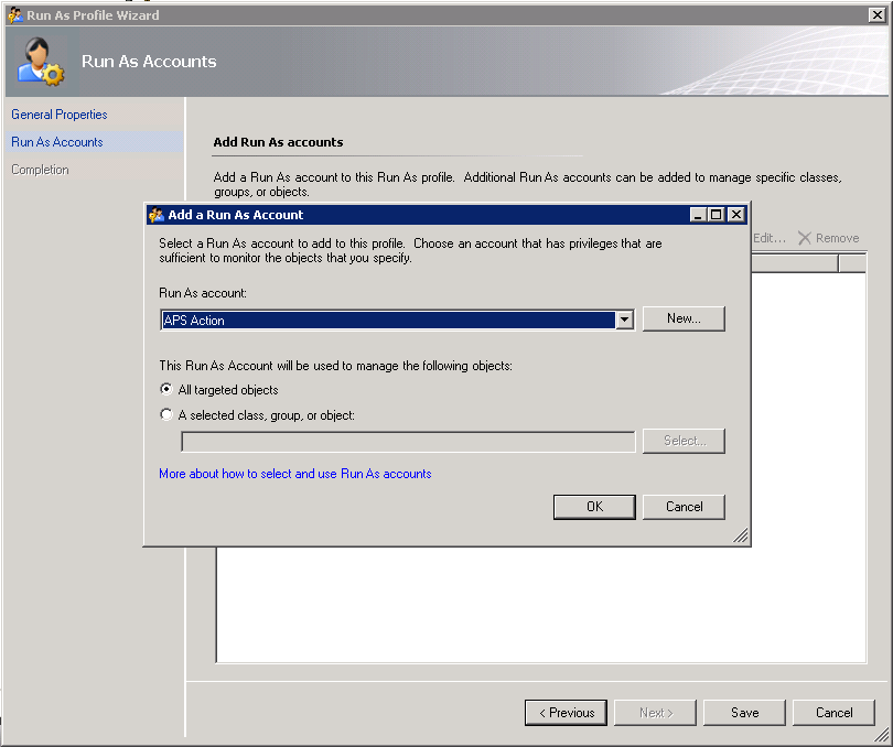 Screenshot showing the Add a Run As Account dialog box with APS Action selected from the Run As account dropdown list.