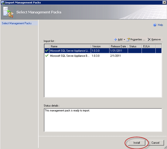 Screenshot showing the Import Management Packs wizard on the Select Management Packs step with the Install option circled in red.