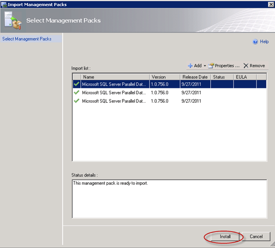 Screenshot of the Import Management Packs wizard on the Select Management Packs step with the Install option circled in red.