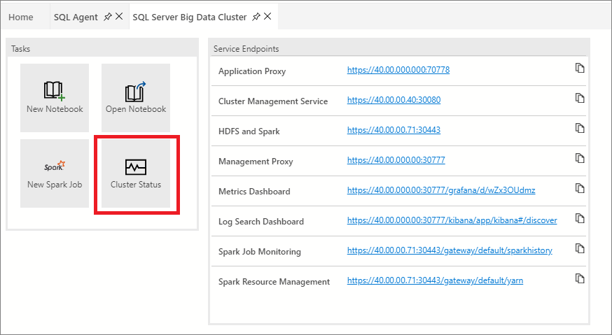 A screenshot from Azure Data Studio showing the Cluster Status window, to launch the cluster status notebook.