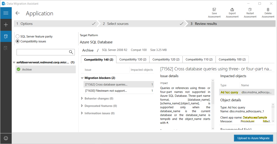 スクリーンショットでは、Data Migration Assistant の評価レポートが示されています。