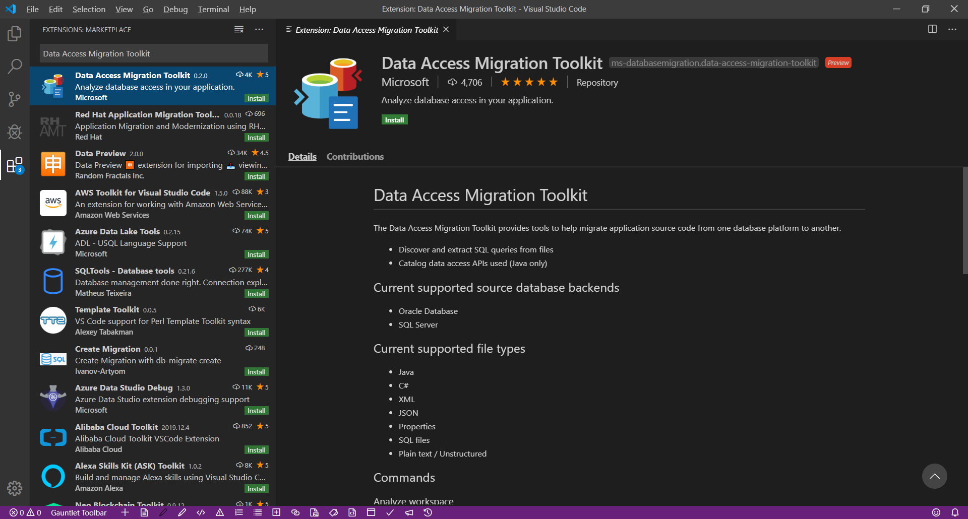 スクリーンショットには、Visual Studio Code の Data Access Migration Toolkit 拡張機能のページが示されています。