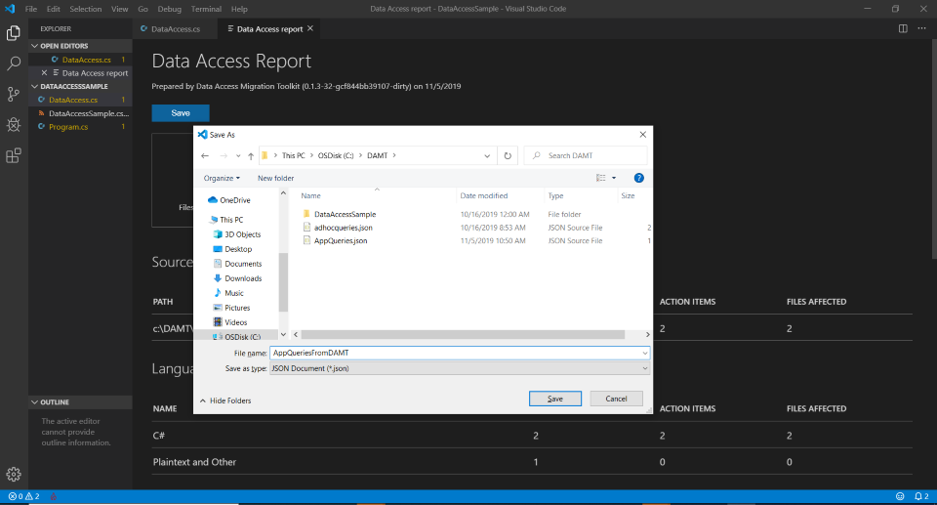 スクリーンショットでは、Visual Studio Code での JSON ファイルとしてのレポートのエクスポートが示されています。