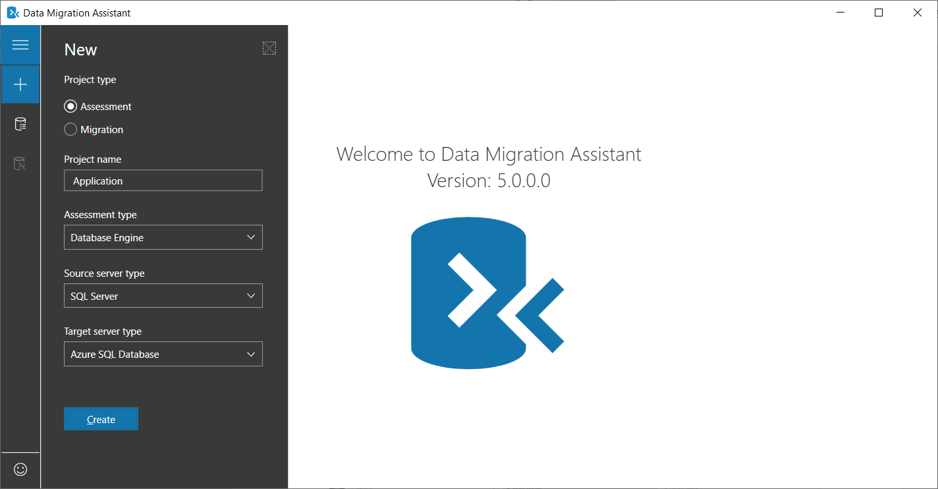 スクリーンショットでは、新しい評価プロジェクトを作成できる状態の Data Migration Assistant が示されています。