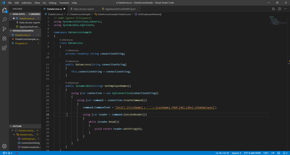 スクリーンショットには、サンプルの C# コード セグメントが示されています。
