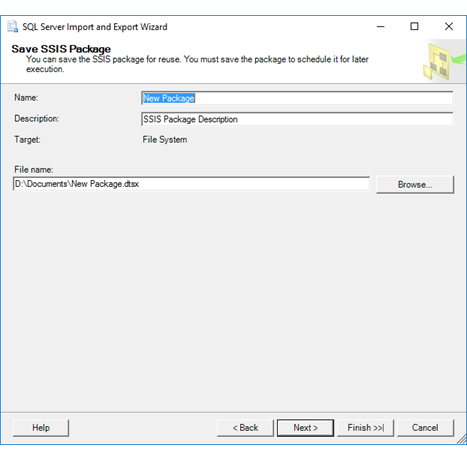[パッケージの保存および実行] ページで [ファイル システム] オプションを選択した場合のインポートおよびエクスポート ウィザードの [SSIS パッケージの保存] ページを示すスクリーンショット。