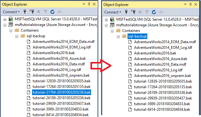 Azure container showing the deletion of the log backup blob