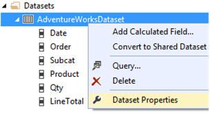 Screenshot of the context menu for AdventureWorksDataset highlighting the Dataset Properties option.
