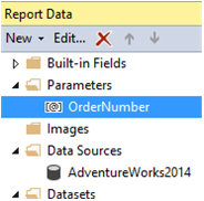 Screenshot of the Report Data pane highlighting the Ordernumber parameter.