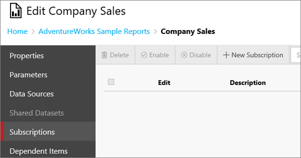 [Company Sales の編集] ダイアログ ボックスの [サブスクリプション] 画面を示すスクリーンショット。