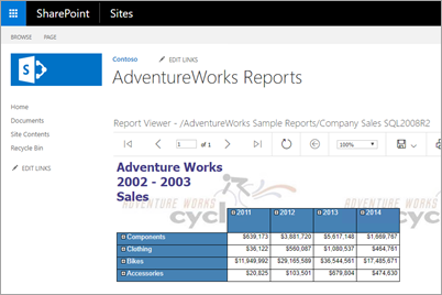SharePoint ページのレポート ビューアー Web パーツのスクリーンショット。