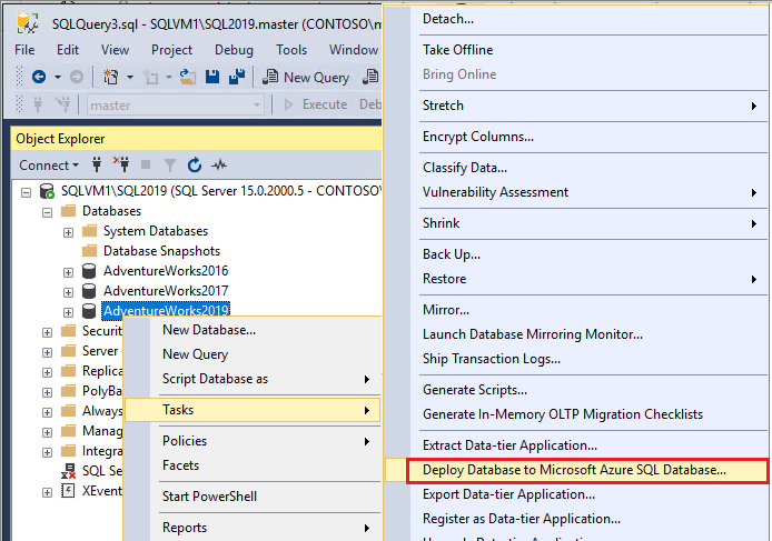 データベースを右クリックし、[タスク] を選択して、Microsoft Azure SQL Database にデータベースを配置することを選択するスクリーンショット。