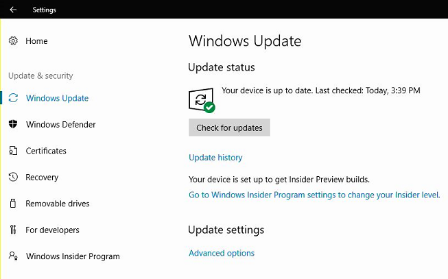 Surface Hub 用設定アプリの [Update & Security group]\(セキュリティ グループの更新\) を示すスクリーンショット。