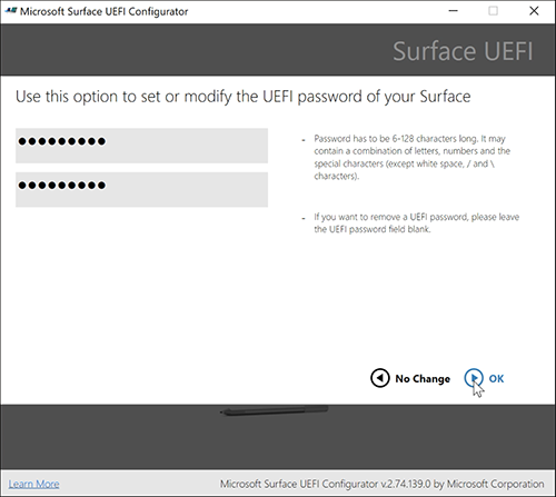 UEFI パスワードを設定する場所を示すスクリーンショット。