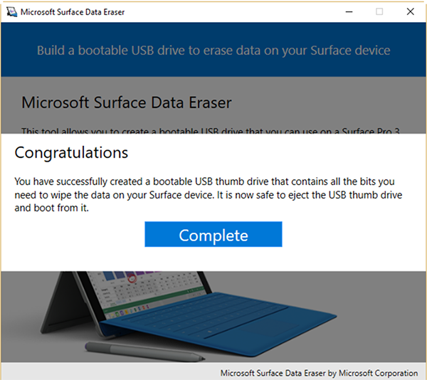 Microsoft Surface Data Eraser ツールを完成する